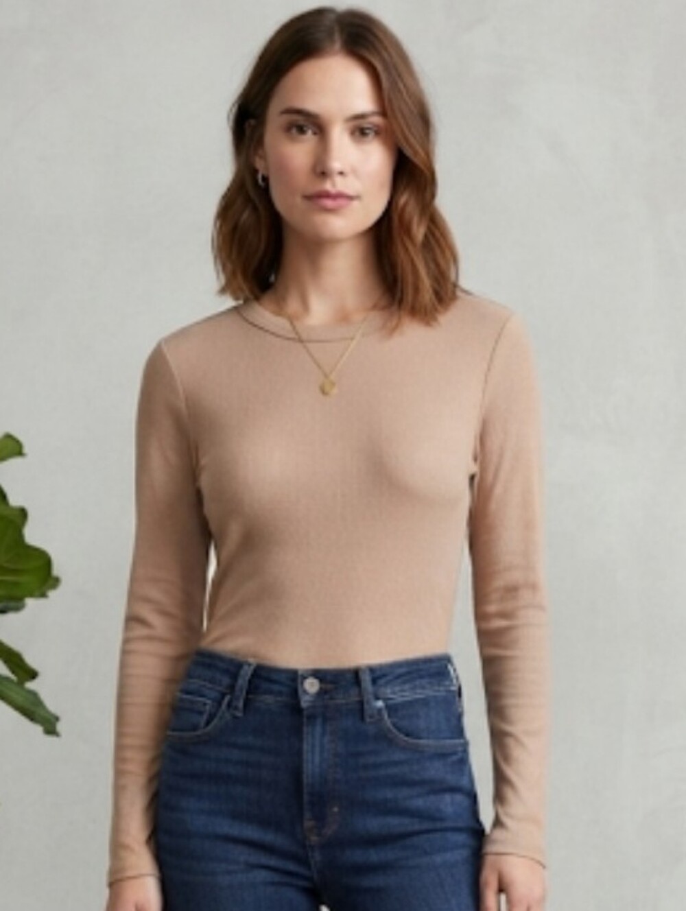 Old Navy Tan/Beige Ribbed Knit Long Sleeve Stretch Crew Neck Top SIZE XL